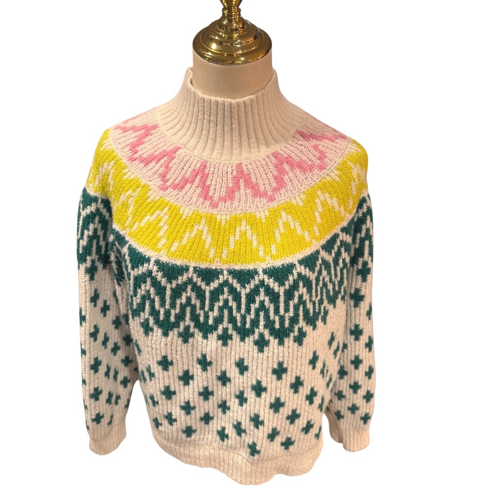 Old Navy Fair Isle Mock Neck Sweater Large White Pink Yellow Green Chunky Knit